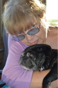 Author Jean Rabe with her pug, Mr. Wrinkles